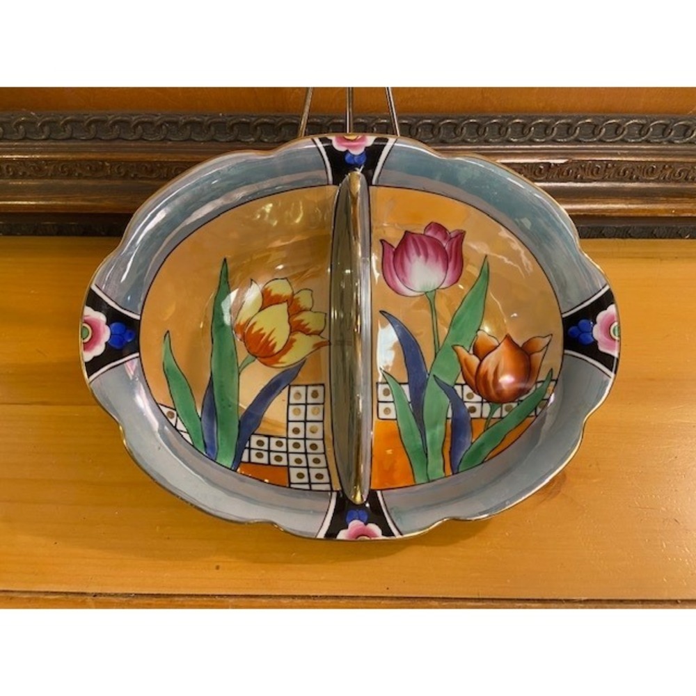 Vintage Hand Painted Japan Art Deco Divided Candy Dish Floral Tulip Lusterware